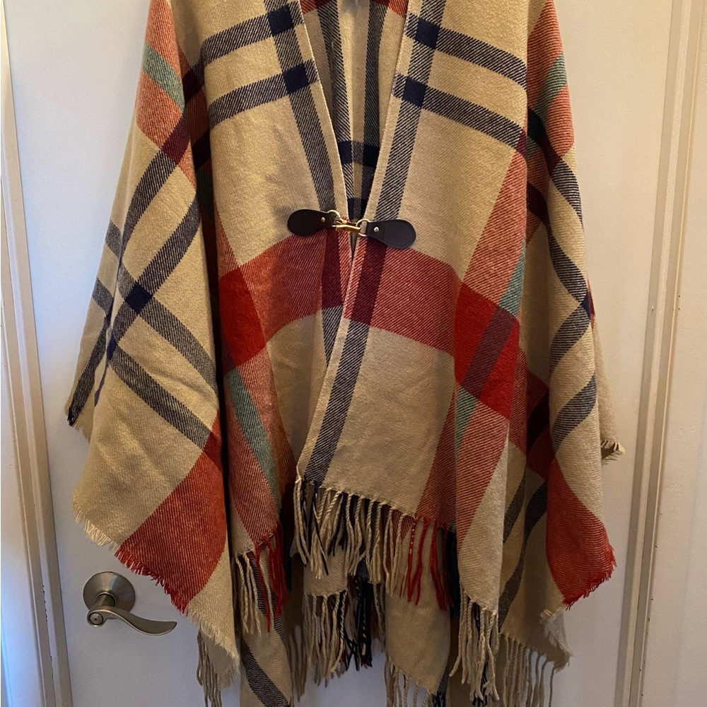 Plaid Fringe Poncho with Toggle Closure